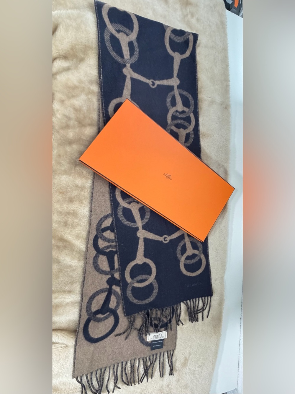 Hermès Casaque Grand Mors Cashmere Scarf Navy Taupe Unisex One Size Box and COA